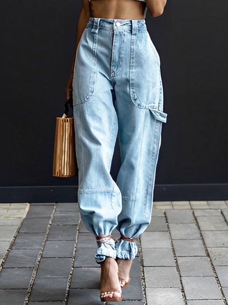 

Denim Plain Casual Loose Jeans, Blue, DENIM