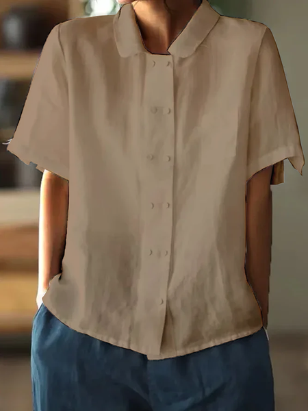 

JFN Cotton & Linen Baby Collar Double Breasted Short Sleeve shirt, Khaki, Shirts & Blouses