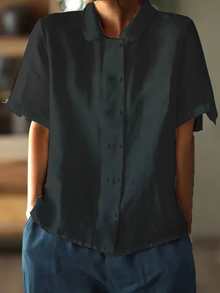

Women Loose Button Down Plain Cotton Linen Short Sleeve Blouse, Black, Blouses & Shirts