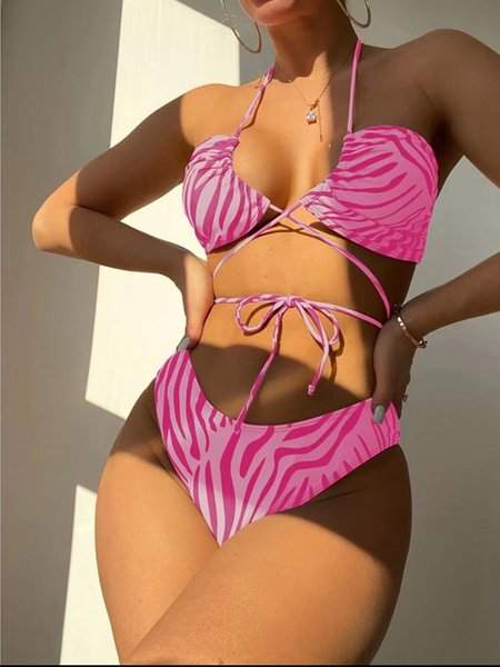 

Sexy Animal Printing Strapless Bikini With Cover Up, Rose red, Bikini Sets