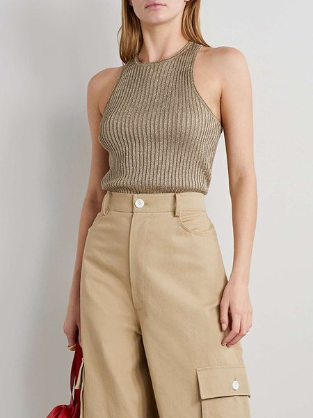

Casual Crew Neck Tight Tank Top, Khaki, Tanks and Camis
