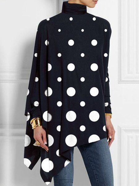 

Plus Size Turtleneck Regular Fit Polka Dots Elegant T-Shirt, Black, Plus Tops