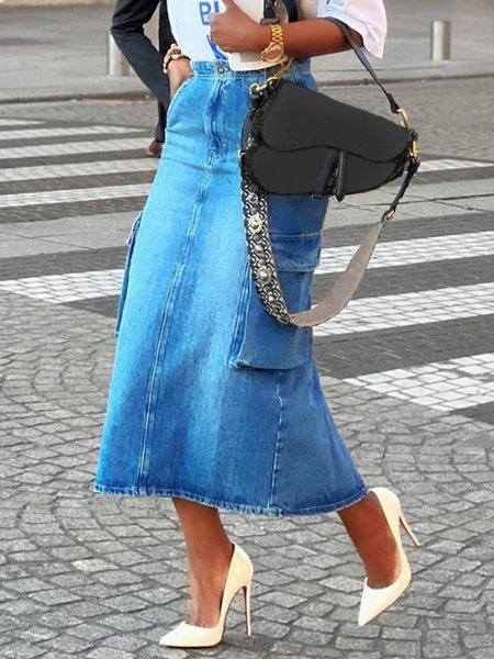 

Plain Urban Pockets Denim Skirt, Blue, Midi Dresses