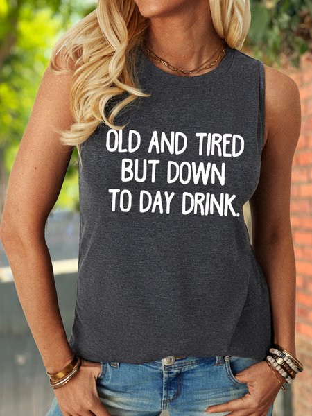 

Women's Funny Down to Day Drink Letter Casual Crew Neck Tank Top, Deep gray, Tank Tops