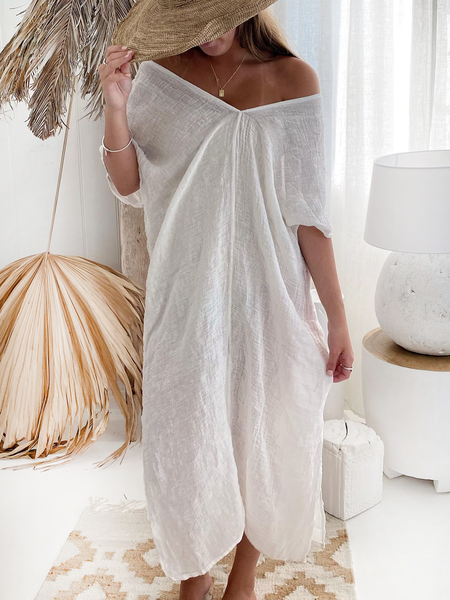 Cotton And Linen V Neck Linen Loose Dress, White, Midi Dresses