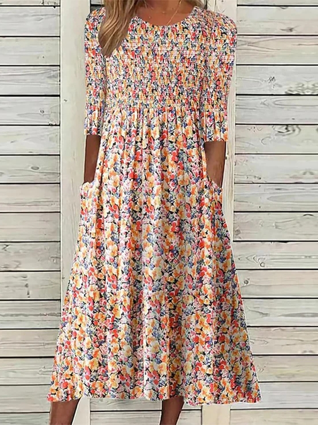 

Floral Casual Crew Neck Regular Fit Dress, Orange pink, Dresses