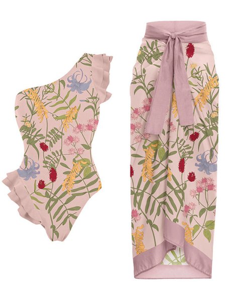 

Vacation Plants Printing One Shoulder One Piece With Cover Up, Pink, swimwear>>One-Pieces