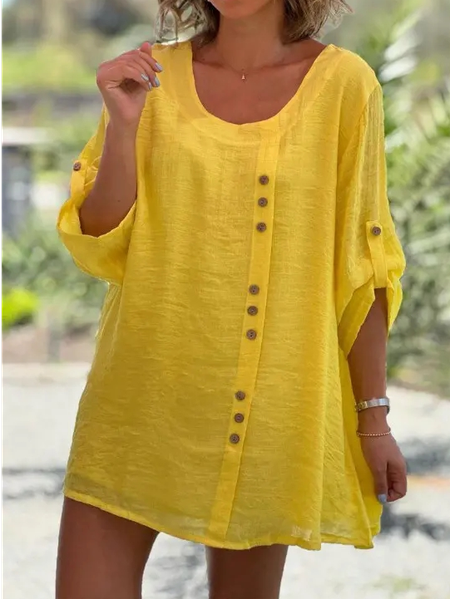 

Crew Neck Loose Linen Cotton And Linen Dress, Yellow, Tunics