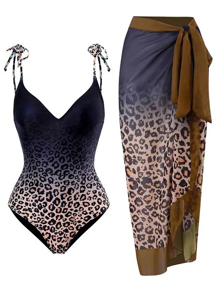 

Printing Leopard V Neck Casual One Piece With Cover Up, swimwear>>One-Pieces