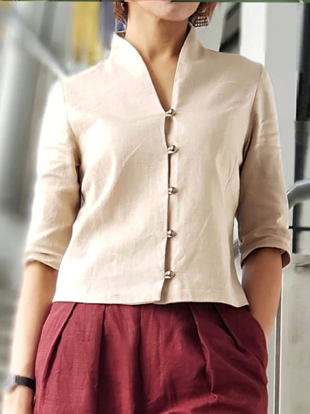 

Linen Stand Collar Cotton And Linen Blouse, Khaki, Shirts & Blouses