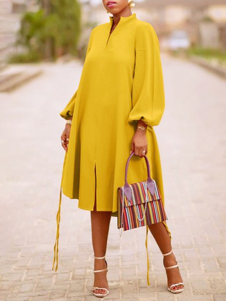 

Plus Size Elegant Regular Fit Stand Collar Plain Dress, Yellow, Plus Dresses