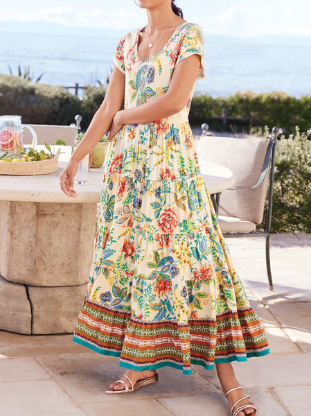 

Crew Neck Ethnic Loose Boho Dress, Yellow, Dresses