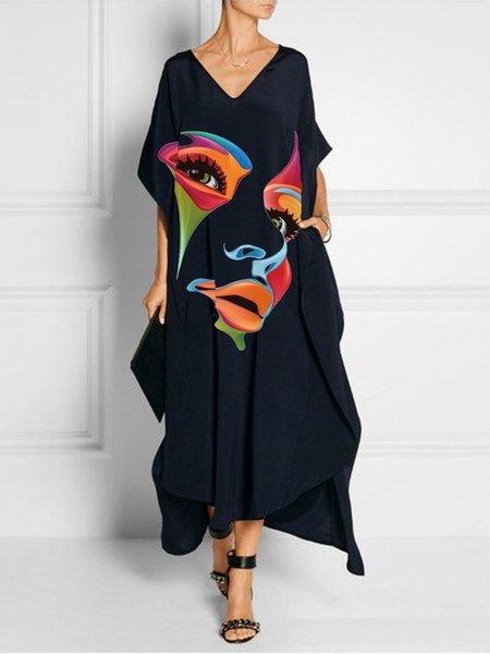 

V Neck Urban Face Loosen Midi Dress, Deep blue, Midi Dresses