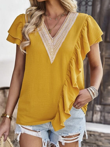 

Loose V Neck Plain Casual Shirt, Yellow, Shirts & Blouses