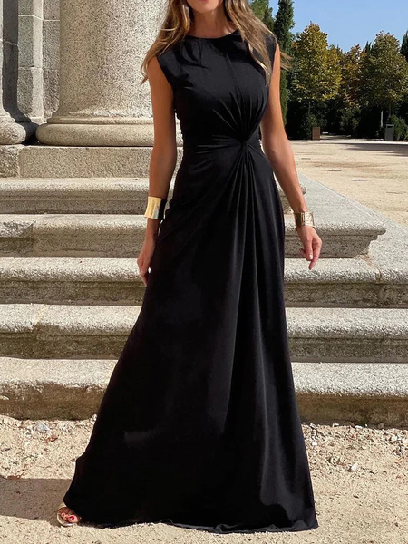 

High Elasticity Regular Fit Plain Crew Neck Sleeveless Elegant Long Dress, Black, Maxi Dresses