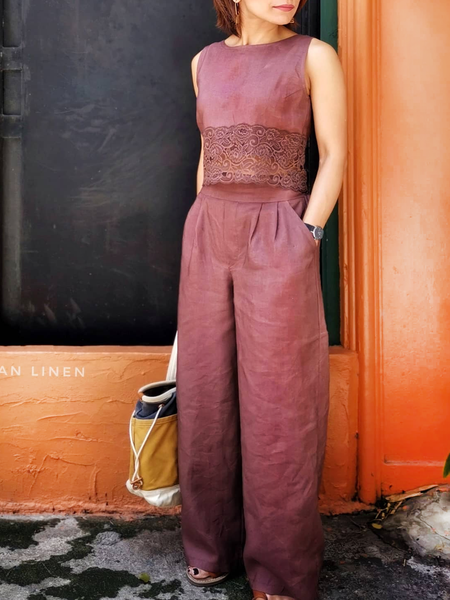 

Plain Lace Crew Neck Linen Two-Piece Set, Wine red, Suits