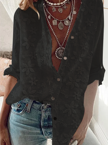 

JFN Cotton Lace Stitching Long Sleeve Shirt, Black, Shirts & Blouses