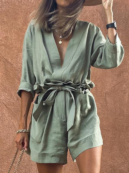 

V Neck Linen Loose Cotton And Linen Jumpsuit, Green, Jumpsuits & Rompers