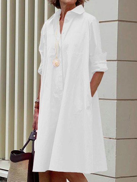 

Plus Size Regular Fit Plain Urban Shirt Collar Dress, White, Plus Dresses
