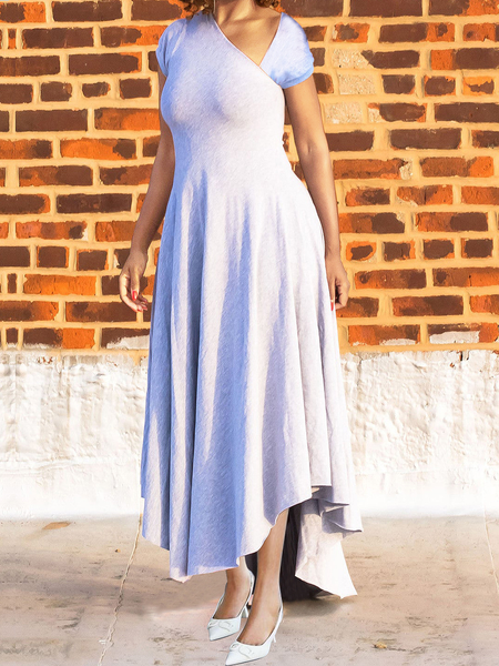 

Regular Fit High Elasticity Elegant Short sleeve Asymmetrical Long Dress, Gray, Maxi Dresses