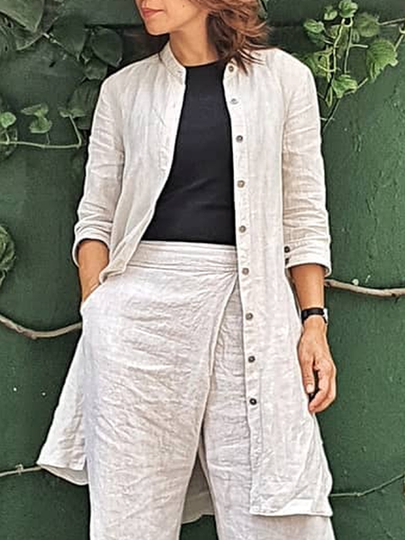 

Loose Plain Linen Cotton And Linen Blouse, Light khaki, Blouses & Shirts