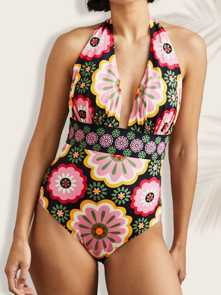 

Vacation Floral Printing V Neck One-Piece Swimsuit, Multicolor, One-Pieces