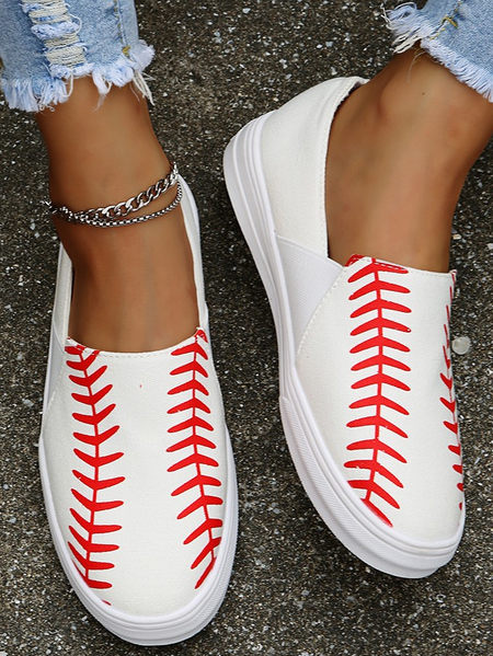 

Women's Baseball Graphic-Print Canvas Flat Shoes, White, Sneakers