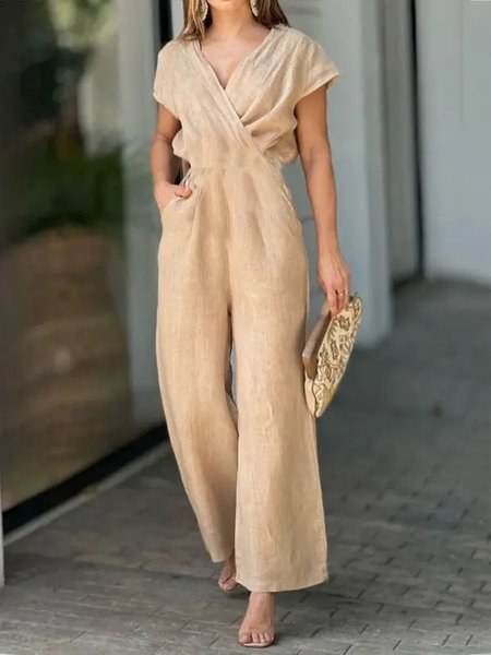 

Loose Cross Neck Plain Linen Jumpsuit, Khaki, Jumpsuits & Rompers