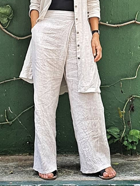 

Plain Linen Cotton And Linen Loose Pants, Light khaki, Pants