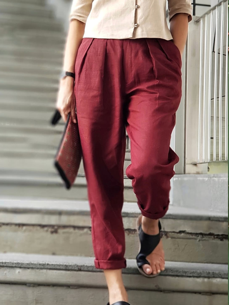 

Plain Loose Cotton And Linen Linen Pants, Wine red, Pants