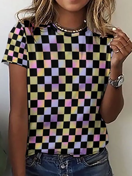 

Women's Checkerboard Grid Crew Neck Casual T-Shirt, As picture, T-shirts