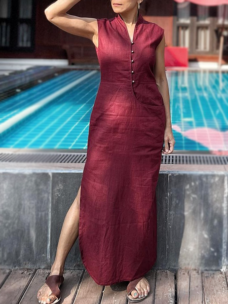 

Linen Buttoned Regular Fit Plain Dress, Wine red, Maxi Dresses
