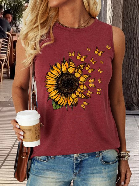 

Women's Sunflower Butterfly Casual Tank Top, Wine red, Tank Tops