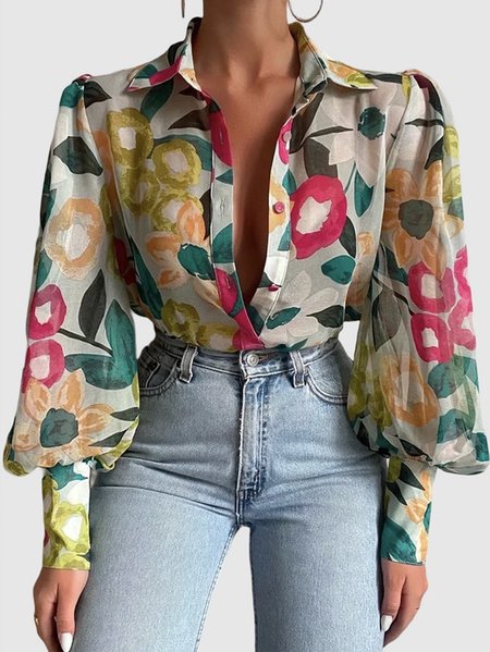 

Plus Size Elegant Regular Fit Floral Shirt Collar Blouse, Green, Plus Tops
