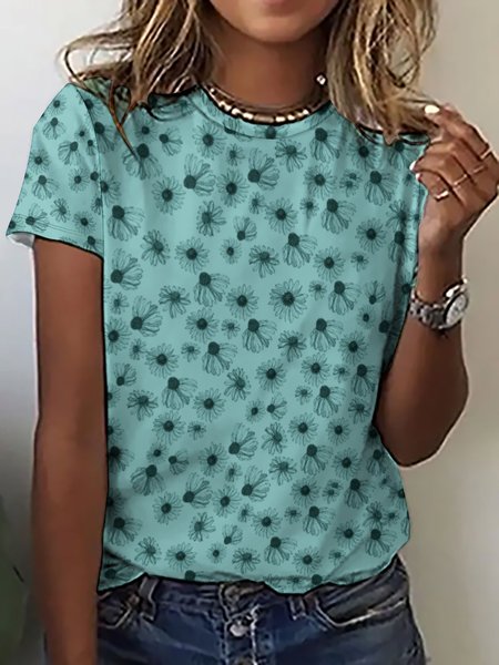 

Women's Sketch Floral Daisy Casual T-Shirt, As picture, T-shirts