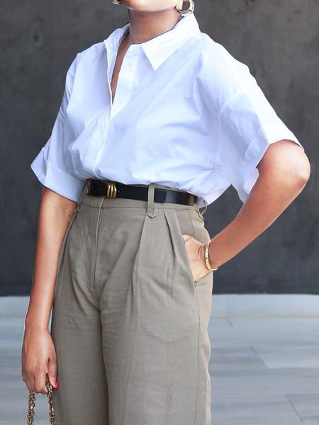 

Lightweight Loose Plain Urban Short sleeve Blouse, White, Blouses and Shirts