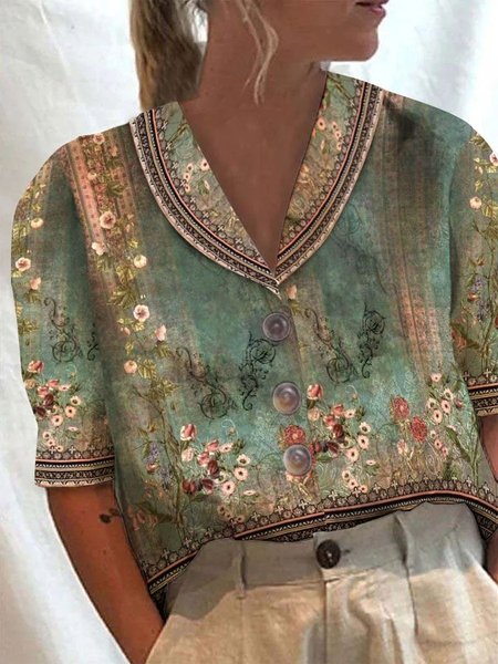 

Floral Casual Loose Blouse, Green, Shirts & Blouses