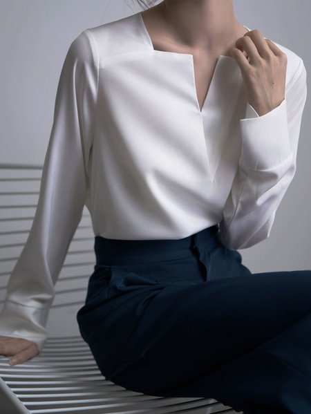 

Plus Size Long sleeve Regular Fit Urban V Neck Blouse, White, Tops