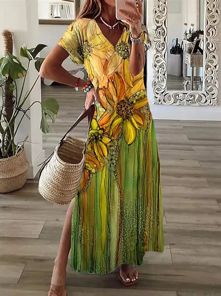 

V Neck Vacation Floral Dress, Yellow, Dresses