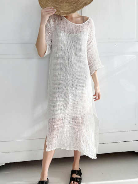 

Crew Neck Linen Cotton And Linen Plain Dress, White, Midi Dresses