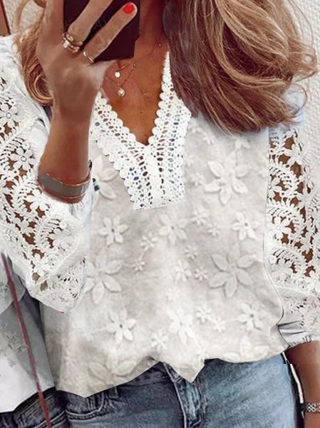 Linen Cotton And Linen Lace Shirt, White, Blouses