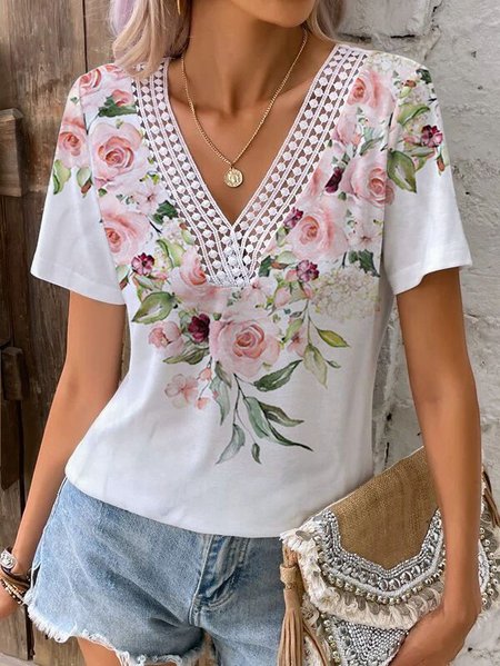 

Floral Casual V Neck Lace T-Shirt, White, T-Shirts