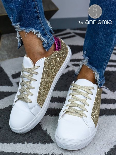 

Gold Glitter Contrast Color Street Sneakers, Golden, Sneakers