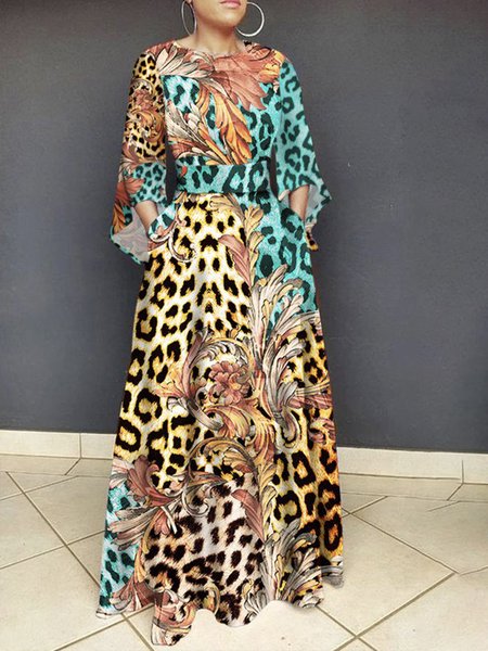 

Elegant Regular Fit Crew Neck Leopard Dress, Green, Maxi Dresses