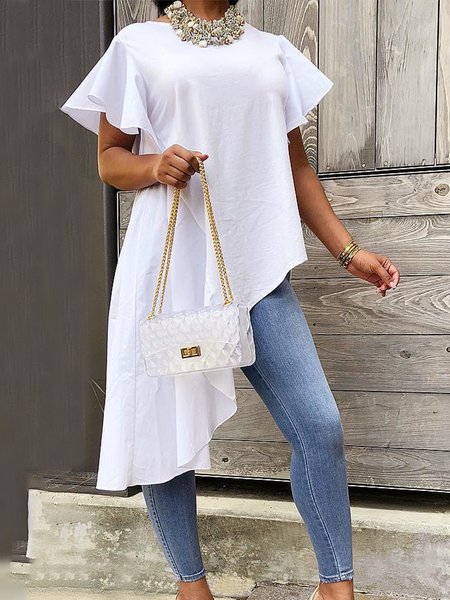 

Loose Crew Neck Casual Plain Shirt, White, Blouses and Shirts