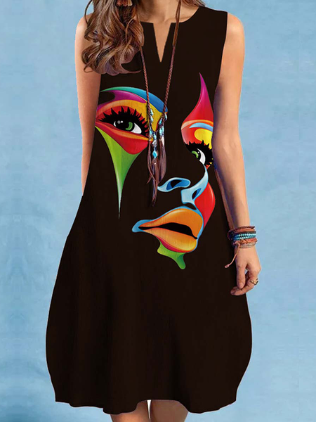 

Vacation Loose Sleeveless Face Notched Skirt Dress, Black, Mini Dresses