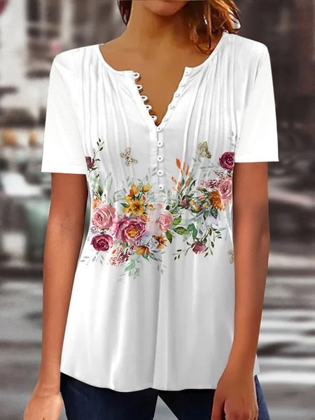 

Summer V Neck Casual Floral Shirt, White, Shirts & Blouses