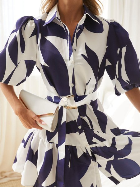 

Elegant Puff Sleeve Regular Fit Dress, Blue, Midi Dresses