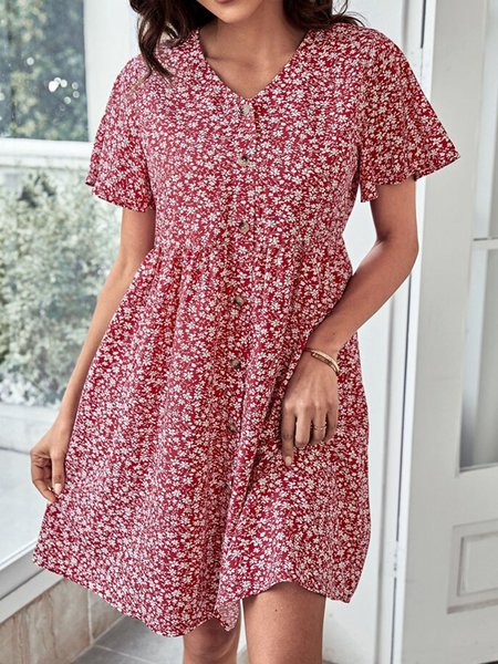 

Women's summer short sleeved floral dress, Red, Dresses