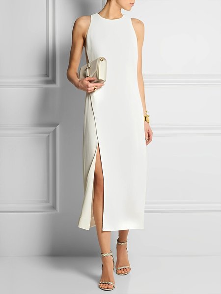 

Elegant Plain Crew Neck Simple Dress, White, Midi Dresses